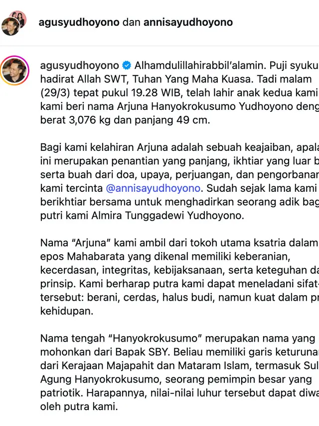 Unggahan AHY soal kelahiran Arjuna Hanyokrokusumo Yudhoyono. (Foto: Dok. Instagram @agusyudhoyono)