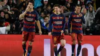 Trio penyerang Barcelona, Luis Suarez, Lionel Messi, dan Neymar. (AFP/Josep Lago)
