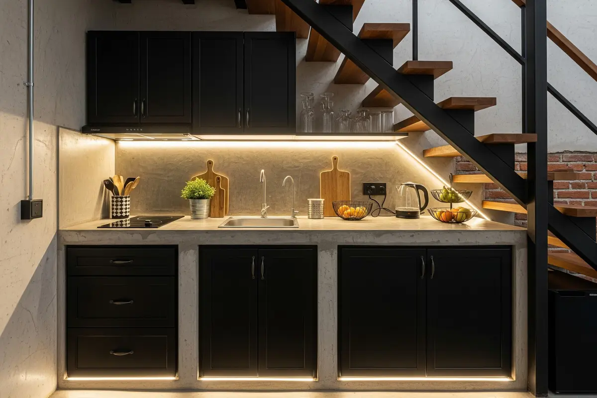 Dapur di Bawah Tangga dengan Sentuhan Industrial