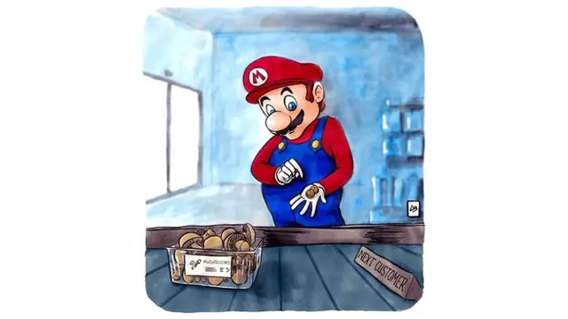 Agar menjadi besar Mario selalu belanja jamur di supermarket.