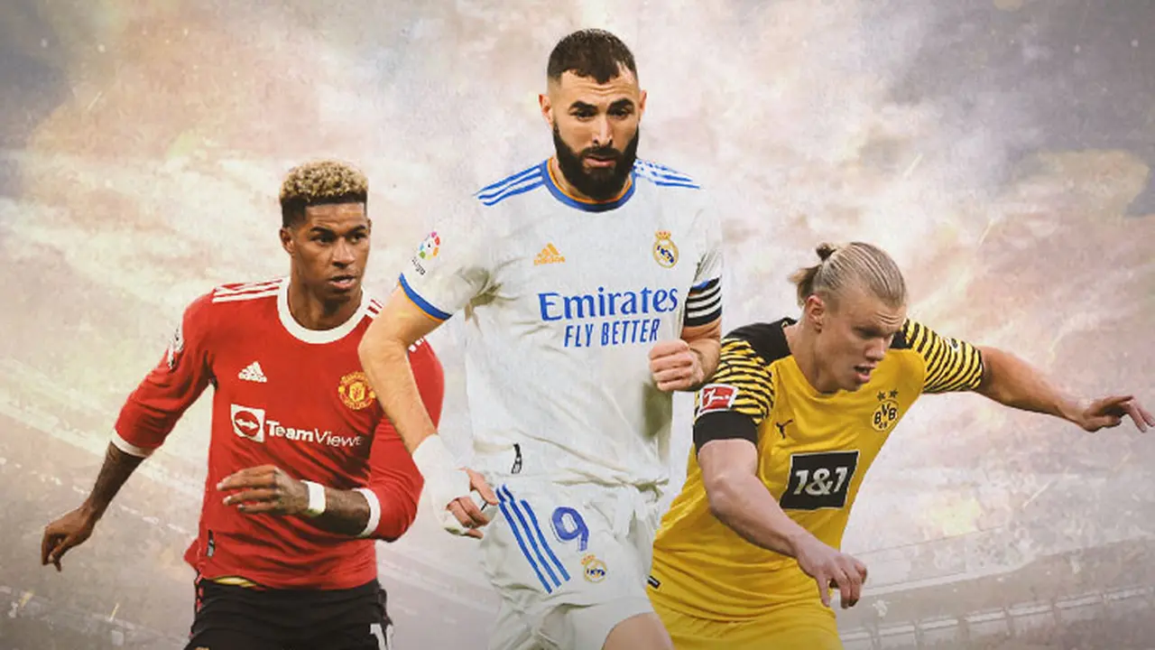 Ilustrasi - Karim Benzema dikelilingi Marcus Rashford dan Erling Haaland