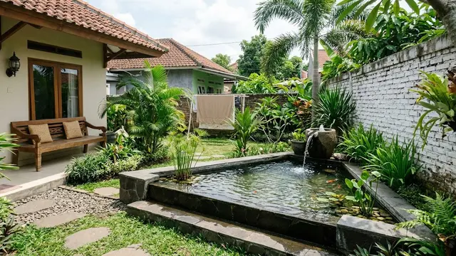 Inspirasi Kolam Sudut Berbentuk Segitiga dengan Desain Minimalis yang Bikin Halaman Kecil Terasa Luas dengan Air Mancur Kecil
