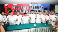 Pasangan cabup-cawabup Bekasi dalam Pilkada 2017 Sa'duddin-Ahmad Dhani (SAH) resmi mendeklarasikan diri. (Liputan6.com/Fernando Purba)