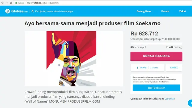 Tangkapan layar penggalangan dana film tentang Bung Karno dan rakyat Aceh membeli pesawat Seulawah di situs kitabisa.com. (Foto: Liputan6.com/Muhamad Ridlo).