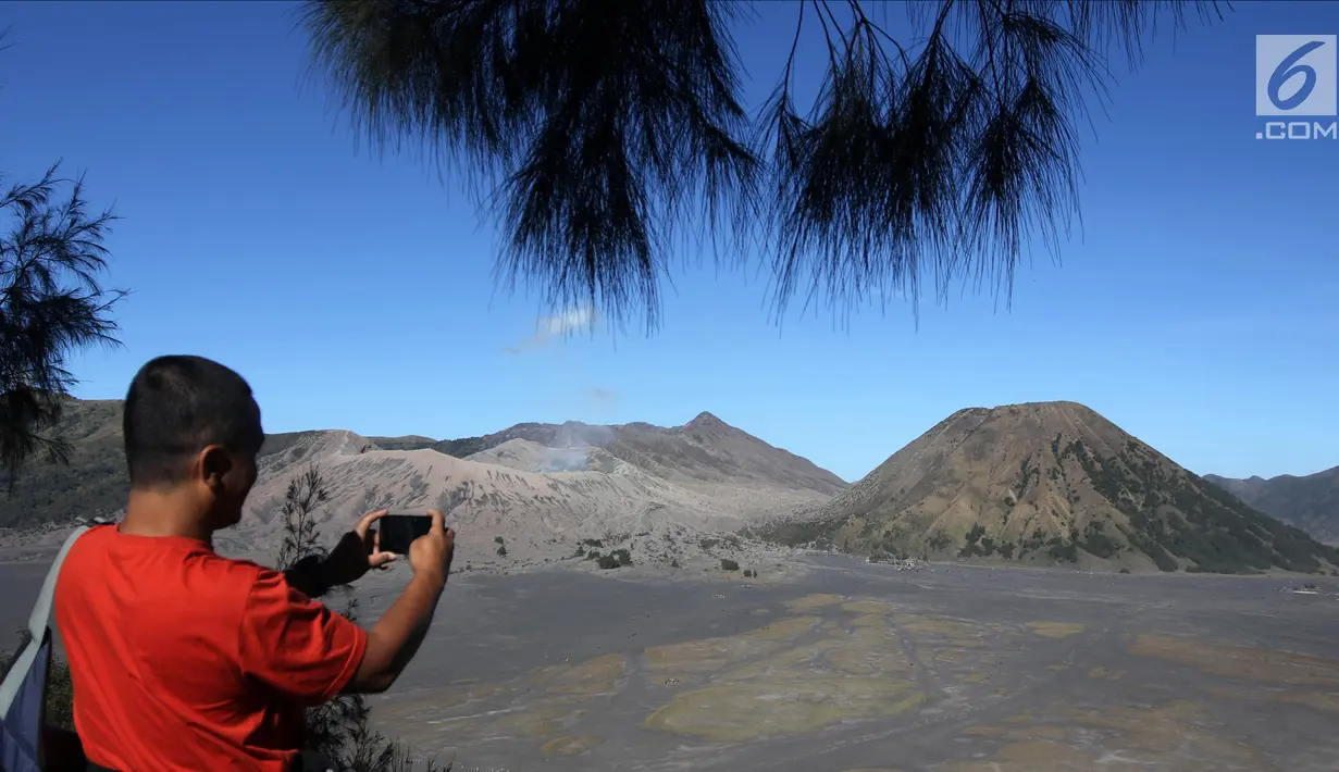 <p>Seorang wisatawan mengambil gambar Gunung Bromo, Probolinggo, Jawa Timur, Minggu (8/7). Kementerian Pariwisata menargetkan kunjungan 20 juta wisatawan mancanegara dan 375 juta pergerakan wisatawan Nusantara pada 2020. (Liputan6.com/Arya Manggala)</p>