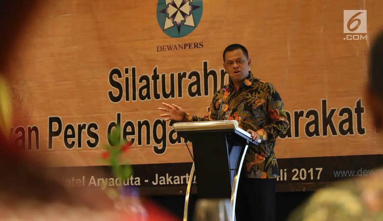 Panglima Jendral TNI Gatot Nurmantio saat memberikan sambutan pada acara Silaturahmi Dewan Pers dengan Masyarakat Pers di Hotel Aryaduta Jakarta, Jumat (14/7). (Liputan6.com/Angga Yuniar)