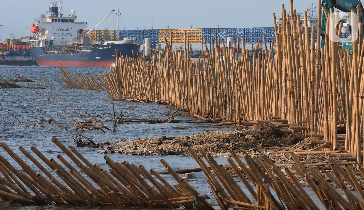 Bambu-bambu tersebut dipasang di pesisir pantai kawasan Pelabuhan Marunda Center Terminal (MCT) Jurong Port JV, Tarumajaya, Bekasi. (merdeka.com/Imam Buhori)