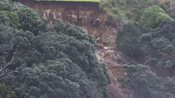 Sejumlah orang, termasuk anak-anak, dilaporkan hilang akibat longsor yang terjadi di dekat sebuah lokasi perkemahan. Tampak foto yang memperlihatkan pemandangan umum yang menunjukkan tanah longsor saat pencarian sedang dilakukan oleh layanan darurat setempat untuk orang hilang di Gunung Maunganui, Tauranga, Selandia Baru pada Kamis 22 Januari 2026. (DJ MILLS/AFP)