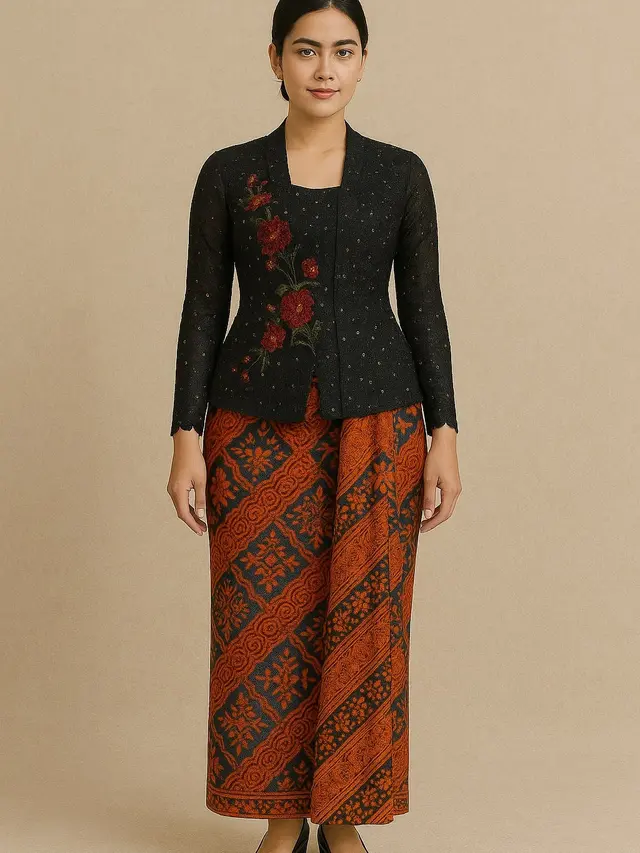 Kebaya Hitam dengan Siluet Modern dan Bordir Bunga