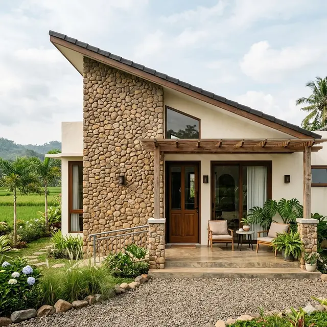 Desain Fasad Rumah Desa dengan Atap Miring