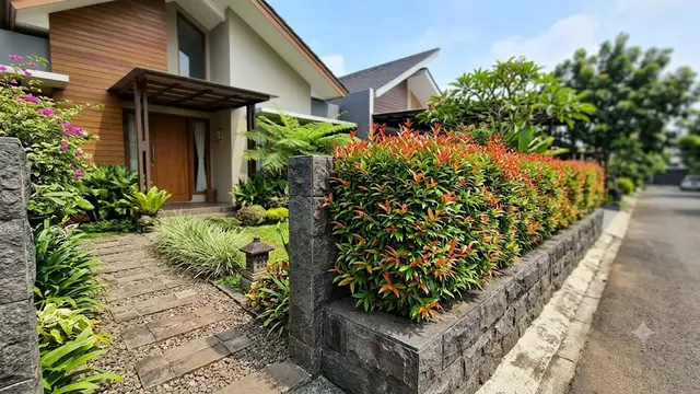 Kombinasi Batu Alam dan Tanaman Perdu untuk Halaman Depan Minim Debu/AI Generated