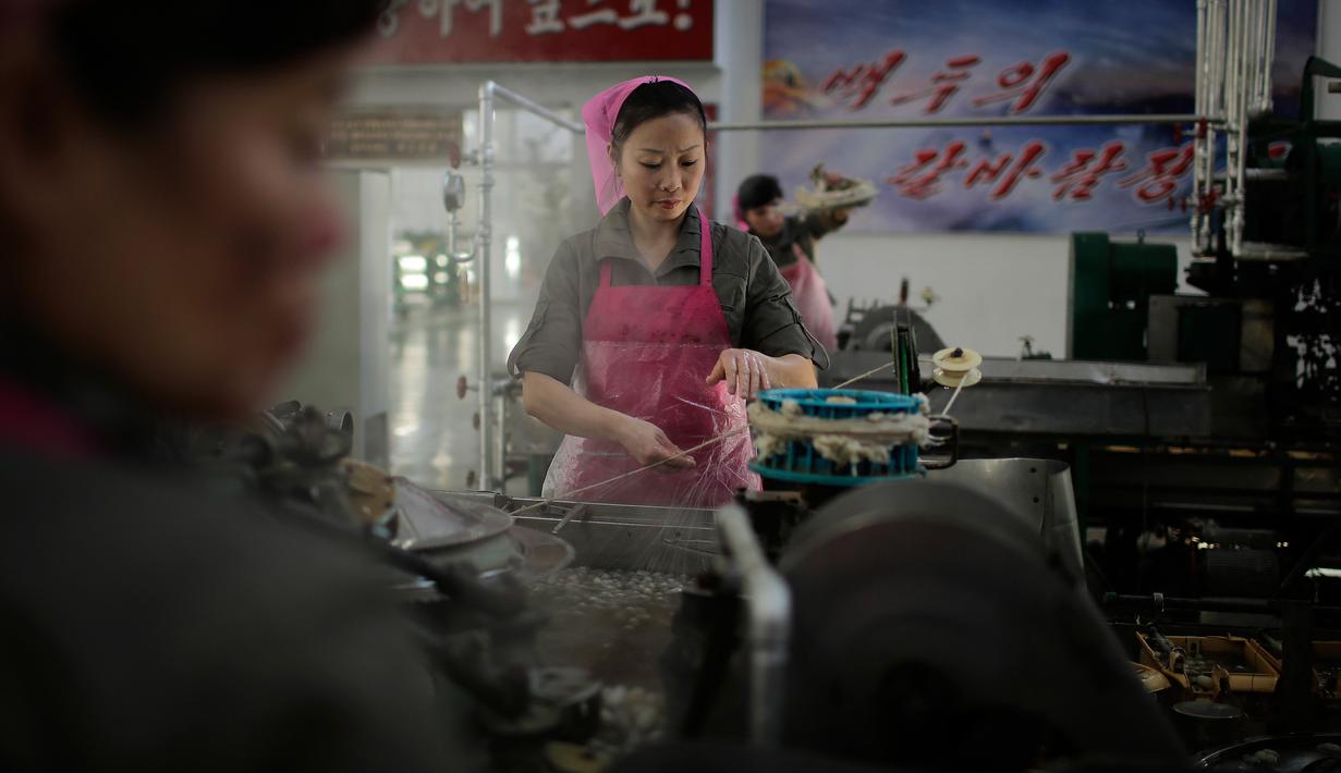 Pekerja wanita melakukan pemintalan di Kim Jong Suk Silk Mill, Pyongyang, Korea Utara (6/1). Pabrik penghasil benang sutera ini menampung 1.600 pekerja yang kebanyakan adalah perempuan. (AP Photo/Wong Maye-E)