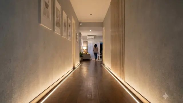 Desain Lorong Rumah dengan Lampu Tanam di Lantai