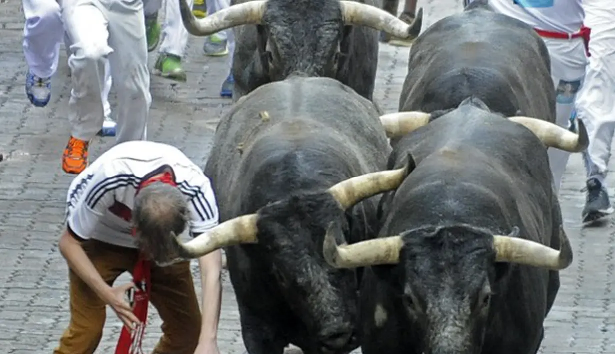 Sudah menjadi resiko bagi setiap peserta yang ikut dalam Run Bull akan terinjak atau diseruduk oleh banteng, Spanyol (10/07/2014) (AFP PHOTO/Ander GILLENEA)