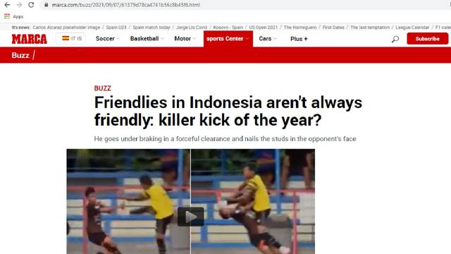 Pemberitaan Marca terkait tendangan kungfu Syaiful Indra Cahya yang telah diterjemahkan dalam bahasa Inggris.