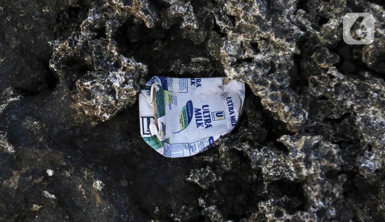 Sampah terlihat di antara karang Pantai Anyer, Kabupaten Serang, Banten, Sabtu (5/9/2020). Minimnya kesadaran wisatawan yang menyisakan sampah di antara karang Pantai Anyer menjadikan pemandangan kurang sedap dipandang mata. (Liputan6.com/Johan Tallo)
