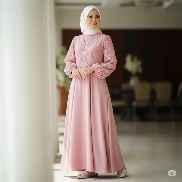Gamis A-Line dengan Lace di Lengan & Kerah