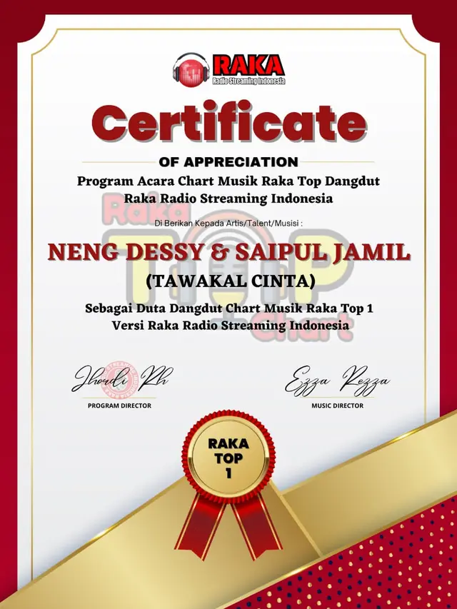 Penghargaan Duta Dangdut Chart Musik Raka Top 1 memotivasi Saipul Jamil dan Neng Dessy untuk terus melahirkan karya baru (Foto: Dok. Koleksi Pribadi Neng Dessy)