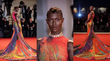 Foto kolase memperlihatkan Jodie Turner-Smith berpose untuk fotografer setibanya pada pemutaran perdana film 'Bardo' dalam Venice Film Festival 2022 di Venesia, Italia, 1 September 2022. Jodie Turner-Smith memancarkan keanggunan saat menghiasi karpet merah Venice Film Festival 2022. (Photo by Vianney Le Caer/Joel C. Ryan/Invision/AP)