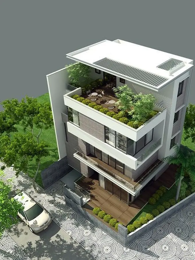 Desain Rumah 2 Lantai dengan Rooftop dan Taman Tropis
