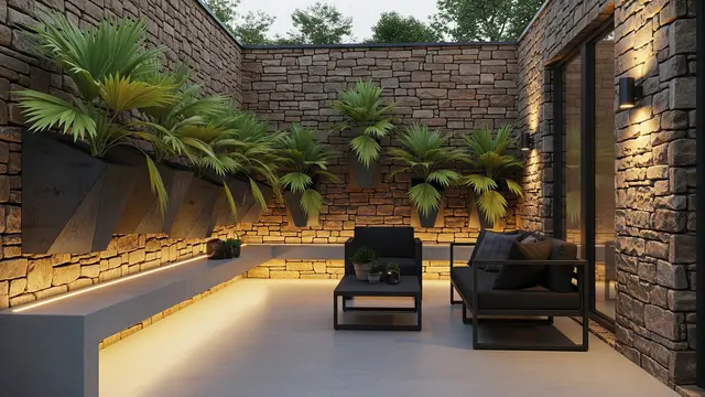 Model Teras dengan Batu Alam dan Palem Kipas untuk Rumah Type 36/AI Generated