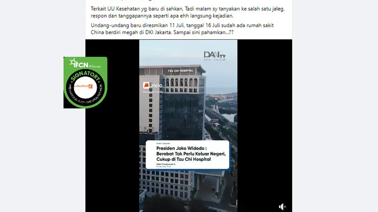 Tangkapan layar klaim Rumah Sakit China berdiri setelah UU Kesehatan disahkan