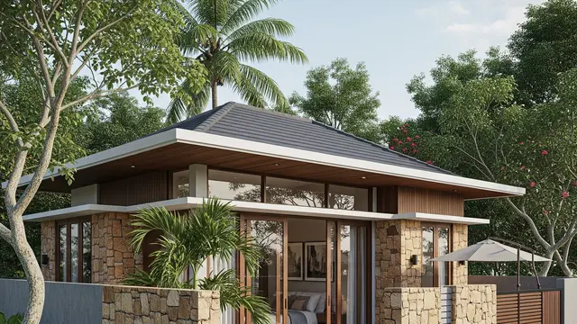 Rumah Kecil tapi Terasa Luas dengan Pagar Lisplang Kombinasi Batu Alam