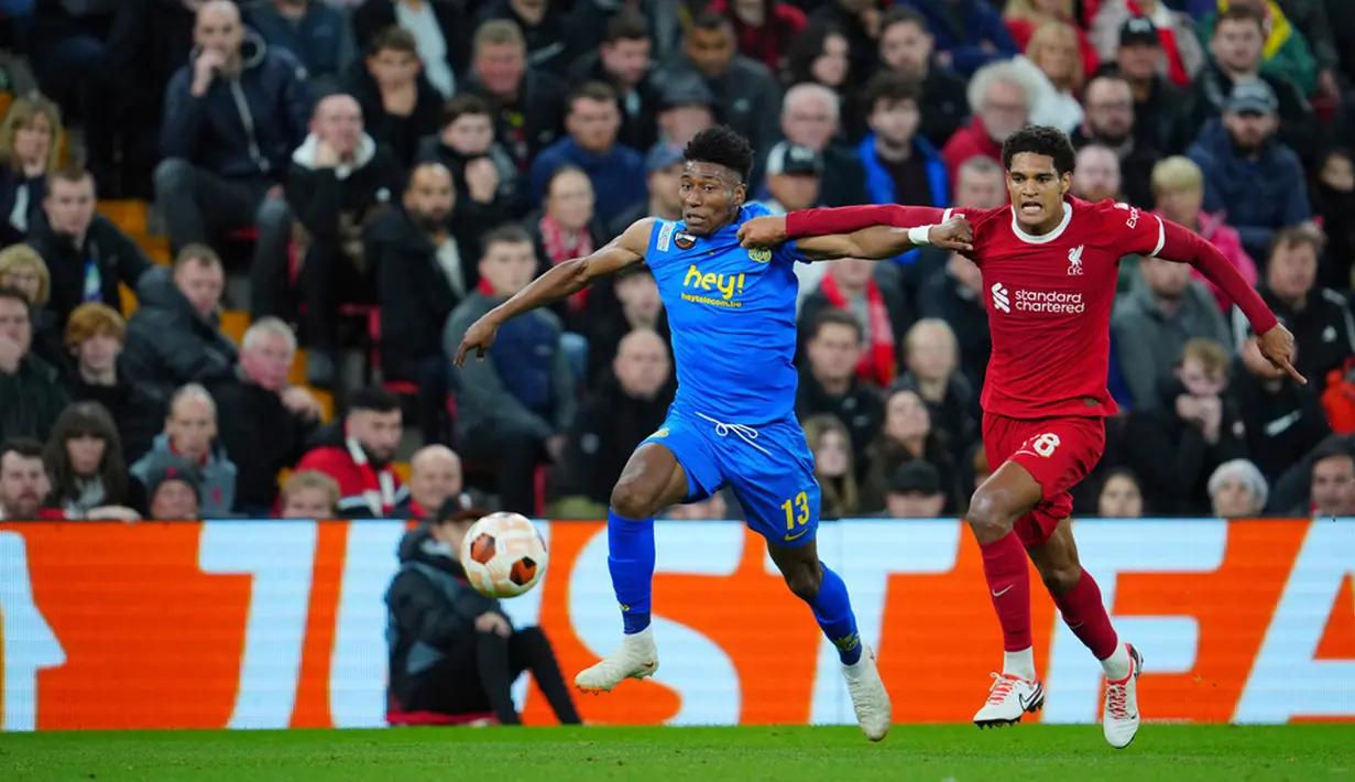 Liverpool menambah gol pada paruh kedua lewat gol Diogo Jota, sekaligus memastikan kemenangan 2-0 atas Union Saint-Gilloise. (AP Photo/Jon Super)
