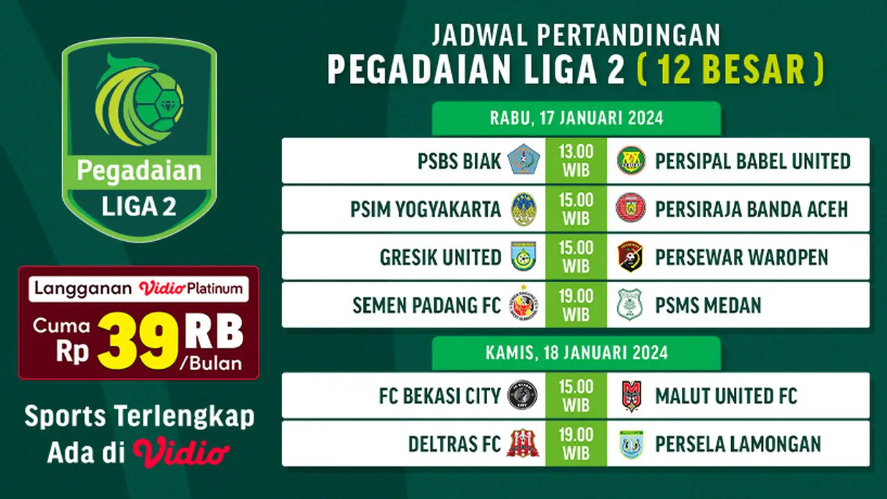 Jadwal Siaran Langsung Pegadaian Liga 2 2023/2024 Babak 12 Besar di Vidio, 17&18 Januari 2024