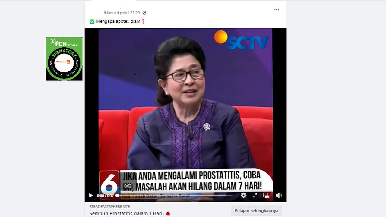 Tangkapan layar klaim video mantan Menkes Nila Moeloek rekomendasikan obat prostat dalam siaran SCTV