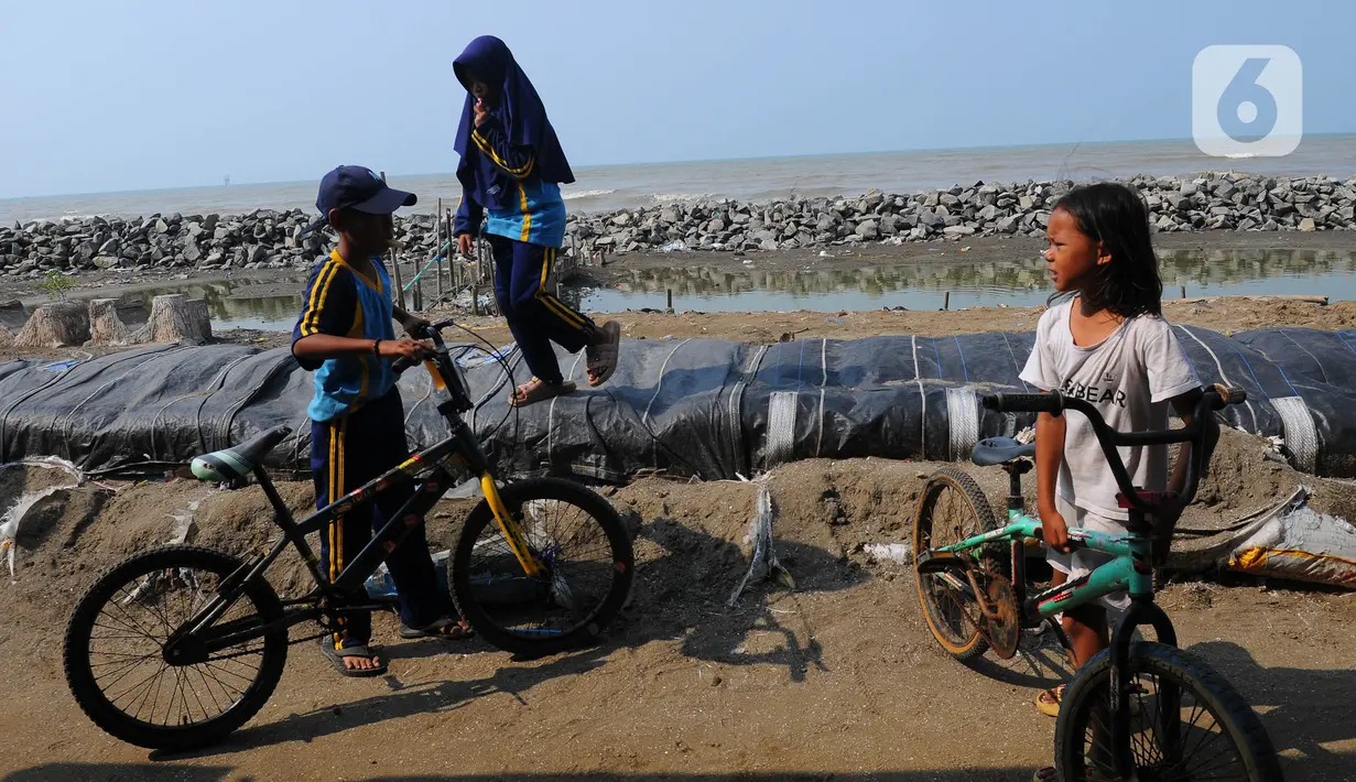 Anak-anak bermain sepeda di atas tumpukan karung pasir yang menjadi penahan datangnya gelomba dan abrasi di pesisir pantai Pisangan, Desa Cemara Jaya, Kecamatan Cibuaya, Kabupaten Karawang, Jawa Barat, Sabtu (27/5/2023). (merdeka.com/Imam Buhori)