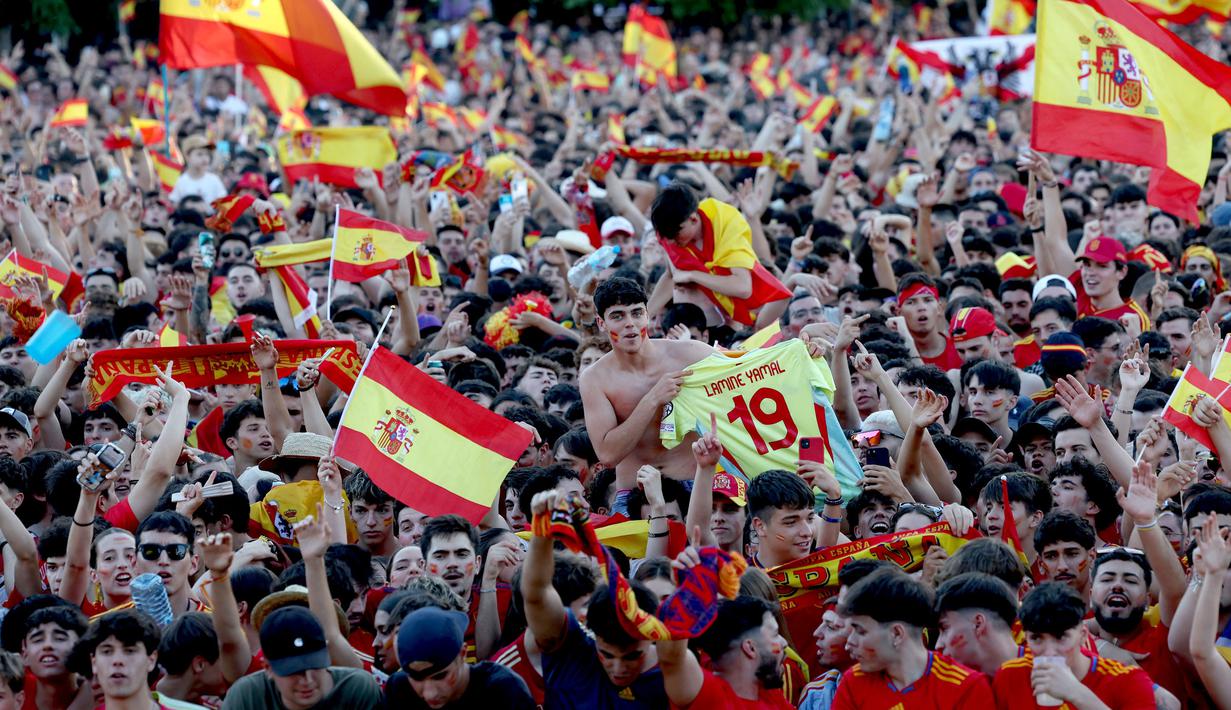 Laga final Euro 2024 antara Spanyol dan Inggris digelar di Olympiastadion, Berlin pada Minggu 14 Juli 2024 atau Senin (15/7/2024) dini hari WIB. (Pierre-Philippe MARCOU/AFP)