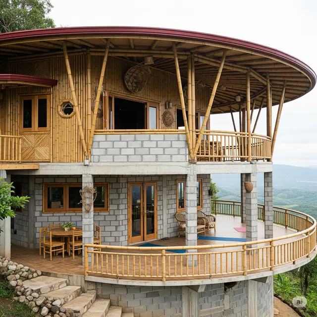 Rumah Bambu dan Batako Gaya Tropis dengan Teras Luas (Gemini AI)