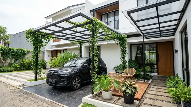 Desain Kanopi untuk Parkir, Tanaman Rambat, dan Area Santai  (AI Generated)
