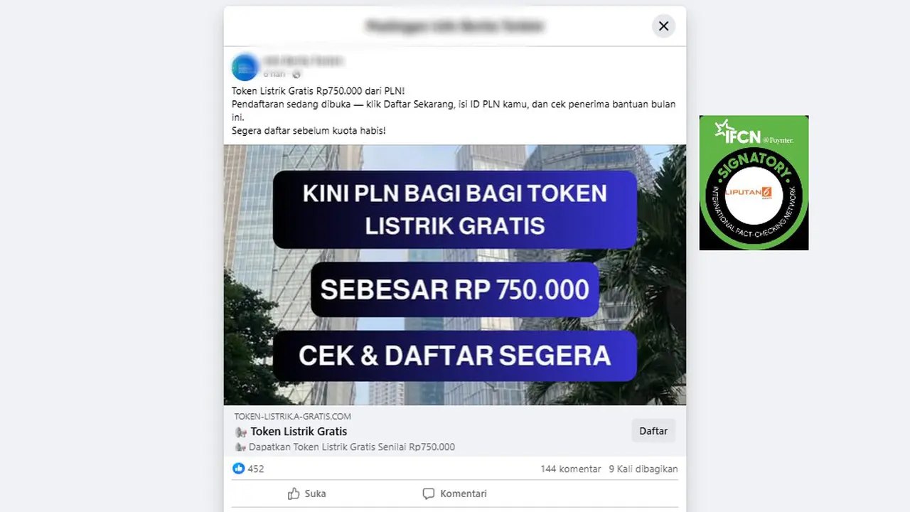 Tangkapan layar klaim tautan pendaftaran bantuan token listrik gratis sebesar Rp 750.000 dari PLN