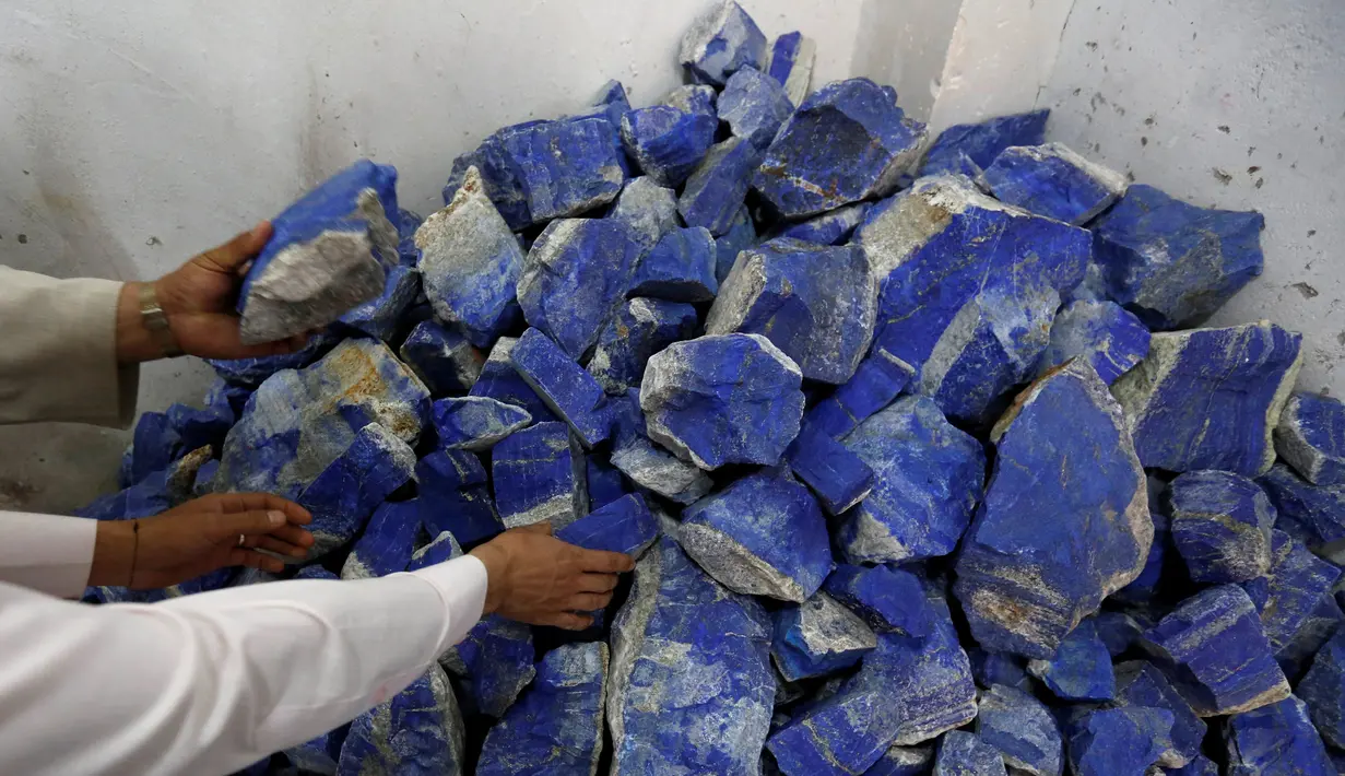 Pedagang menunjukkan tumpukan batu Lapis Lazuli yang dijual di Kabul, Afghanistan (5/6). Batu lapis lazuli  ini telah ditambang dari provinsi Badakhshan, Afganistan selama lebih dari 6.000 tahun. (REUTERS/Mohammad Ismail)