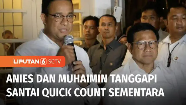 Calon Presiden nomor urut 1, Anies Baswedan serta Cawapres, Muhaimin Iskandar menanggapi santai hasil hitung cepat atau quick count sejumlah lembaga survei. Anies meminta pendukungnya untuk tetap mengawal proses penghitungan pemilu dan menghormati ap...