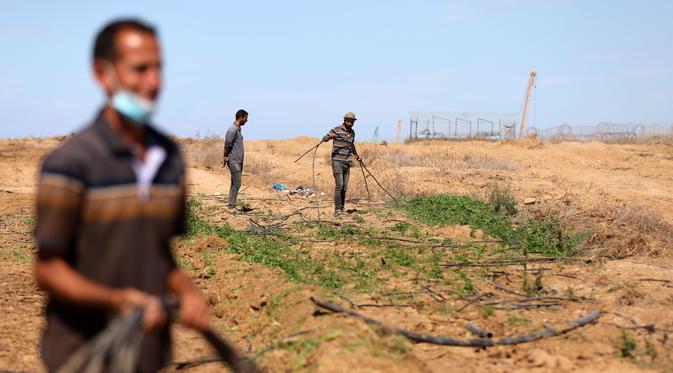 Sejumlah petani Palestina memeriksa lahan pertanian mereka setelah buldoser tentara Israel merusak sebagian lahan itu, yang berada di sebelah timur Khan Yunis di perbatasan Jalur Gaza selatan (13/10/2020). (Xinhua/Yasser Qudih)