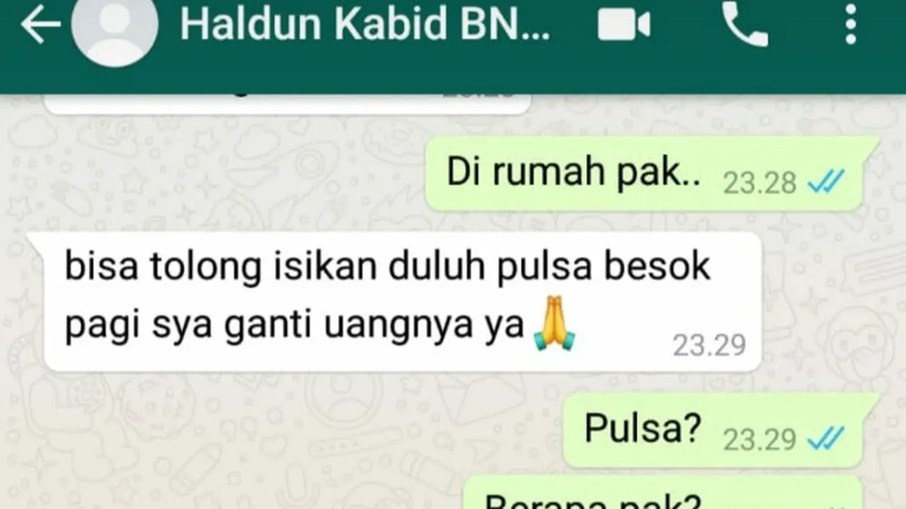 WA milik Plh Kabid Pemberantasan di BNN Riau AKBP Haldun yang diretas dan meminta pulsa.