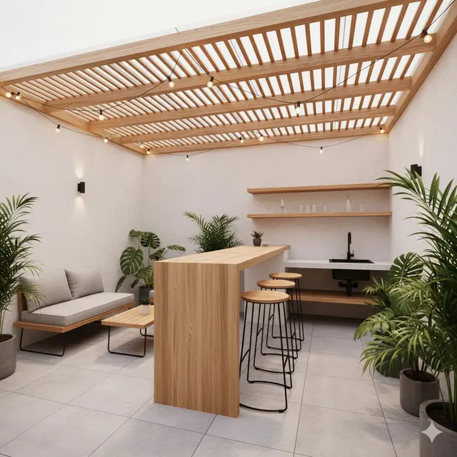 Desain Dapur Sekaligus Ruang Santai Outdoor di Rumah Tropis Sempit. Gemini