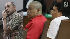 Ekspresi Deputi IV Kemenpora, Mulyana, Pejabat pembuat komitmen (PPK) Kemenpora Adhi Purnomo dan staf Kemenpora Eko Triyanta (kiri ke kanan) saat sidang tuntutan di Pengadilan Tipikor, Jakarta, Kamis (15/8/2019). Mereka dituntut antara 5 sampai 7 tahun penjara. (Liputan6.com/Helmi Fithriansyah)