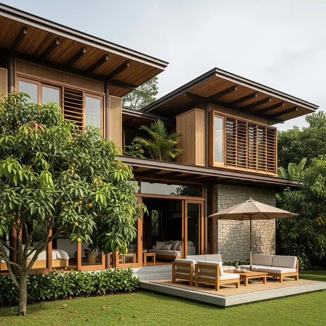 Desain Rumah Sejuk dengan Kebun Buah Campuran dan Area Santai (Gemini AI)