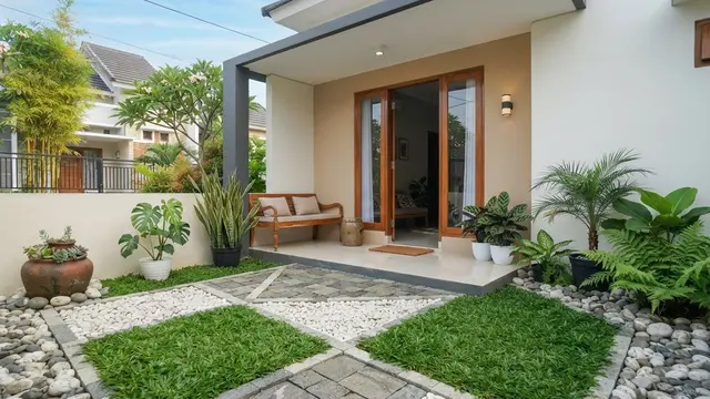 Model Teras dengan Kombinasi Batu Alam dan Rumput Gajah Mini