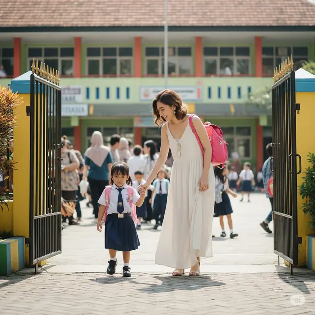 Outfit Ibu Antar Anak Sekolah. Foto: Gemini