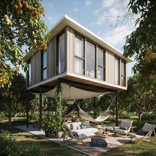 Desain Rumah Sejuk dengan Kebun Buah Campuran dan Area Santai (Gemini AI)