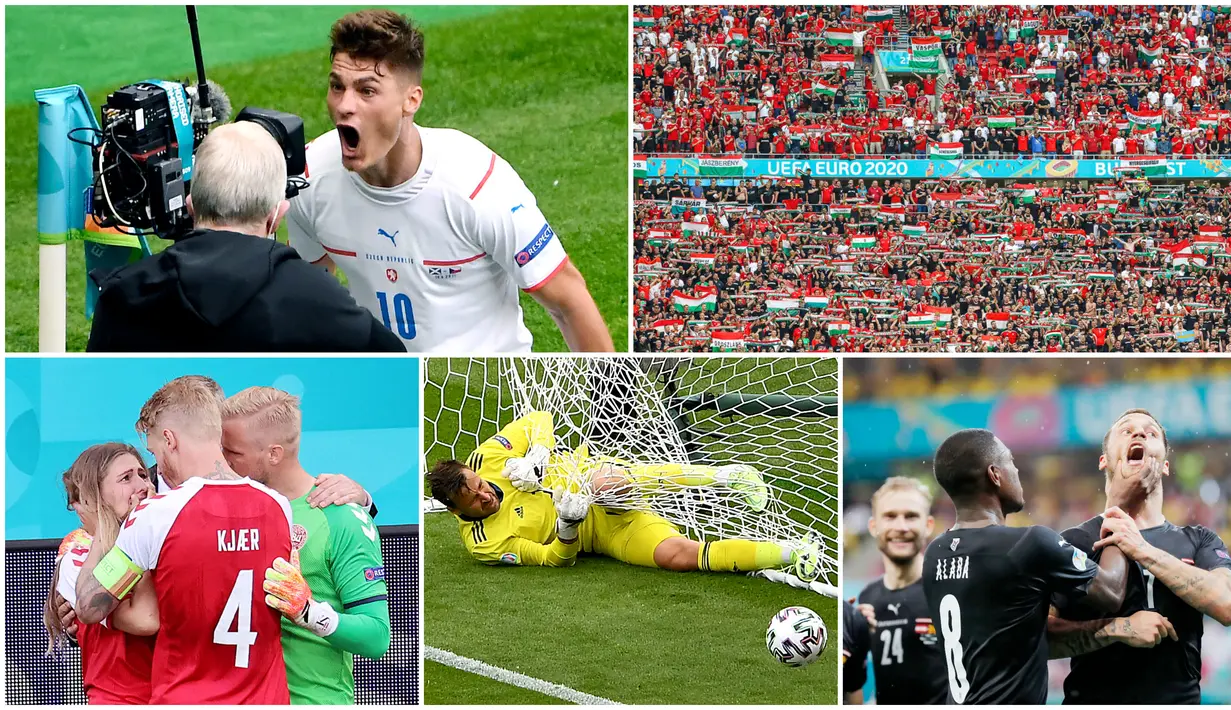 Berikut parade foto terbaik pilihan Bola.com pada putaran pertama Piala Eropa 2020. Mulai dari insiden Kolapsnya Christian Eriksen hingga momen Alaba remas mulut Marko Arnautovic.