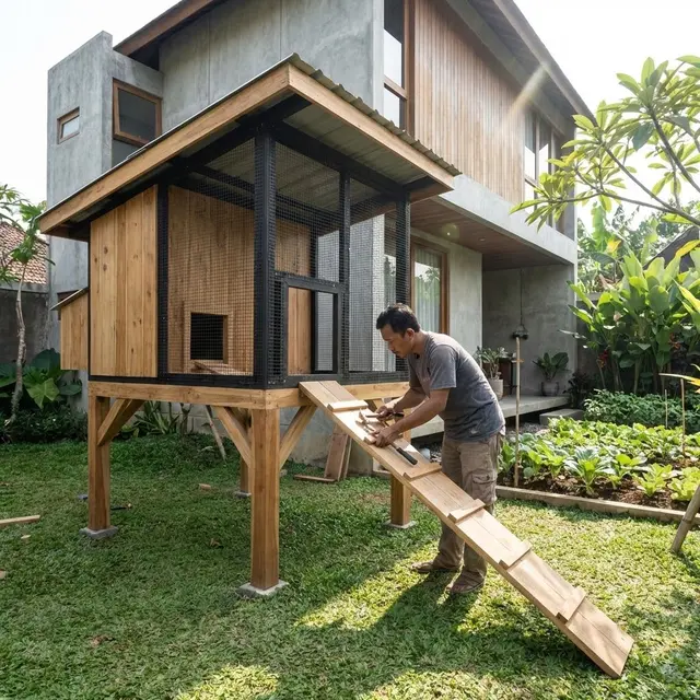 Kandang Elevated Coop dengan Tangga (Gemini AI)