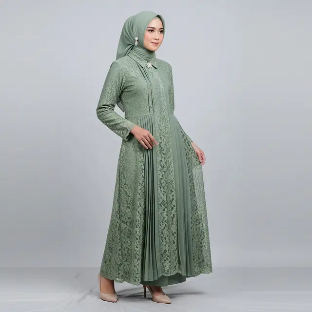 Gamis Brokat Aksen Lipit Vertikal