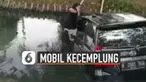 Terlihat ketika berbelok pengemudi nampak kehilangan kendali dan akhirnya nyemplung ke kali.