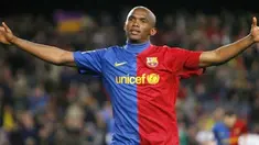 Reaksi striker Barcelona, Samuel Eto'o sesaat setelah mencetak gol dalam laga La Liga menghadapi Sporting Gijon di Nou Camp, Barcelona, 28 Februari 2009. AFP PHOTO/JOSEP LAGO
